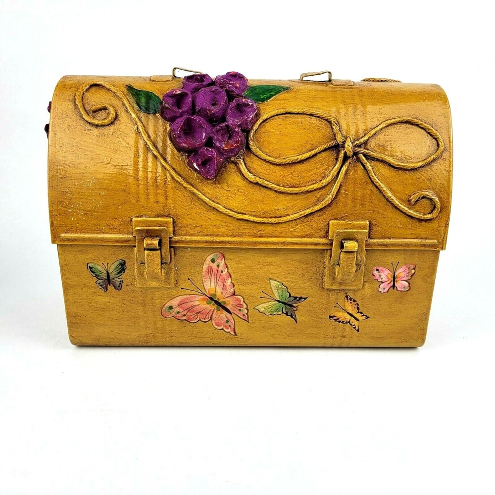 Vintage Decoupage Lunch Box Purse Folk Art  Paper Mache Flowers American Thermos